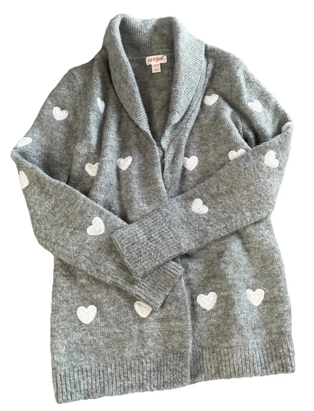 Cat & Jack Cardigan Sweater Girls Size Large 10-12 Open Gray Fleece Heart Dots